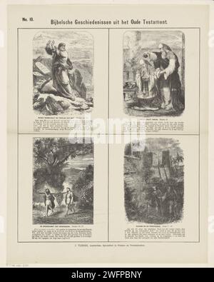 Histoires bibliques de l'ancien Testament, 1871 - 1908 imprimer feuille avec 4 représentations d'histoires de l'ancien Testament. Mozes brisa les tables de la loi, Moïse pommade Aaron, deux éclaireurs revinrent de Canaan avec des fruits, Rechob et les éclaireurs. Le texte biblique correspondant sous chaque image. Numéroté en haut à gauche : n° 10. Impression typographique papier Amsterdam ancien Testament. Aaron et ses quatre fils sont ordonnés par Moïse (Lévitique 8). Les espions emportent certains des fruits de Canaan et reviennent, portant généralement une grande grappe de raisins sur un poteau. En voyant les idolâtres Moïse brise le ta Banque D'Images