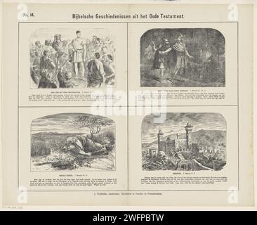 Histoires bibliques de l'ancien Testament, 1871 - 1908 imprimer feuille avec 4 représentations d'histoires et de lieux de l'ancien Testament. Saul est présenté au peuple, David sauve la vie de Saul, la mort de Saul et Hébron. Le texte biblique correspondant sous chaque image. Numéroté en haut à gauche : n° 14. Impression typographique papier Amsterdam ancien Testament. La mort de Saul. Saul et David dans la même grotte ; Saul se soulageant. Histoire de Saul Hebron Banque D'Images