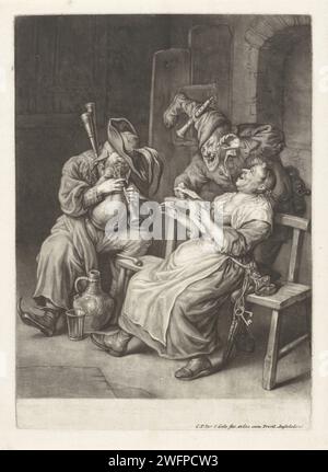 L'audience, Jacob Gole, d'après Cornelis Dusart, 1670 - 1724 imprimer Un joueur de cornemuse et un homme et une femme chanteurs font de la musique ensemble. L'homme a une botte inversée sur la tête. L'estampe fait partie d'une série de cinq estampes avec les cinq sens. Imprimeur : Amsterdafter print par : Haarlempublisher : Amsterdam gravure sur papier audition, écoute (un des cinq sens). cornemuse, musette. musicien(s) accompagnant(s) chanteur(s). Cornemuse, musette - CC - hors portes Banque D'Images
