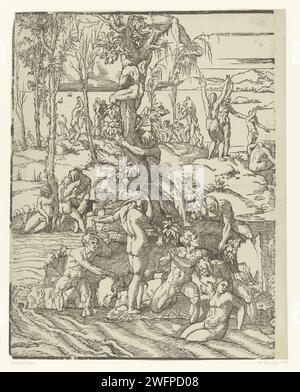 Inondation (moitié gauche), Andrea Andreani (attribué à), d'après Nicolò Boldrini, d'après Titien, 1568 - 1629 imprimer les hommes et les femmes essaient de se mettre en sécurité et d'autres pendant l'inondation. A droite un temple et sur l'eau l'Arche de Noé. Imprimeur : Italieafter print by : Veniceafter design by : Veniceafter papier l'arche flotte sur les eaux, tandis que la vie sur terre est détruite  histoire de Noé Banque D'Images