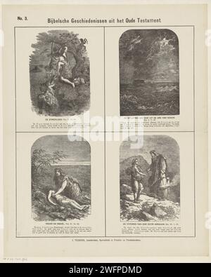 Histoires bibliques de l'ancien Testament, 1871 - 1908 imprimer feuille avec 4 représentations d'histoires de l'ancien Testament. Le déluge, Noé diffuse un corbeau, Agar et Ismaël et Abraham et le sacrifice d'Isaac. Le texte biblique correspondant sous chaque image. Numéroté en haut à gauche : n° 3. Impression typographique papier Amsterdam ancien Testament. Le déluge et la destruction de l'humanité  Histoire de Noé (Genèse 7:10 - 8:17). Noé envoie un corbeau qui ne revient pas. Hagar et Ishmaël dans le désert. Le sacrifice d'Isaac (Genèse 22) Banque D'Images