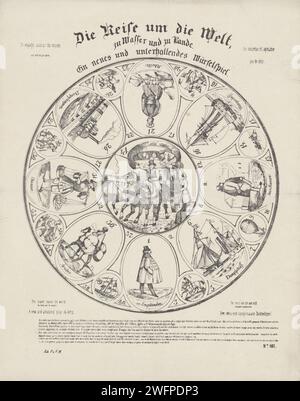 Voyage autour du monde Dobbelspel, P. & V.H. Sch., 1800 - 1899 print. Dés ronds avec boîtes rondes et ovales, numérotés de 1 à 41. Images de différentes figures et véhicules dans les boîtes. Sous le jeu les règles en allemand, anglais, néerlandais et français. Numéroté ci-dessous : n° 107. Europe Paper World Tour, par exemple : World Cruise. voyages ; tourisme. jeux de société de hasard. trafic et transports Banque D'Images