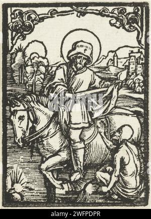 Saint Martinus partage son manteau avec un mendiant, Albrecht Dürer (cercle de), gravure de 1503 assis sur son cheval coupe son manteau avec son épée en deux, pour donner une pièce à un mendiant. Nuremberg papier St. Martin divise son manteau (c'est-à-dire la charité de Saint Martin) : il est généralement montré à cheval, coupant son manteau avec son épée, ou mettant une partie du manteau autour des épaules d'un mendiant qui s'agenouille à côté de lui Banque D'Images