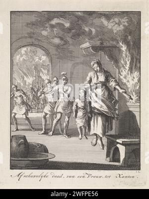 Suicide d'une femme à Xanten, Jan Luyken, 1699 impression au premier plan, une femme accroche son cou à une corde dans une cuisine. Elle se suicide. Avec sa main gauche, elle met le feu à la maison avec une torche. Elle étrangle un enfant de la main gauche. Les soldats romains entrent en arrière-plan. Le papier d'Amsterdam mordant le suicide par désespoir. mort violente par étranglement. en feu, ablaze. Cuisine Xanten Banque D'Images