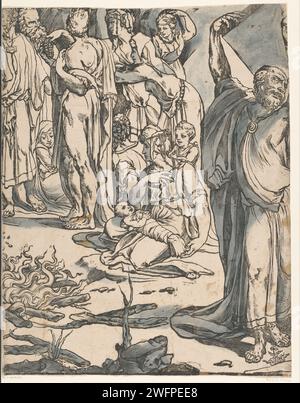 Mozes brise les tables de la Loi (deuxième partie), Andrea Andreani, d'après Francesco Vanni, d'après Domenico Beccafumi, 1590 print Moïse tient une tablette de pierre au-dessus de sa tête, prêt à la jeter sur le sol. Sur la droite le veau d'or qui est honoré par le peuple. A gauche les Israélites qui jettent des bijoux en or dans le feu pour en forger le veau d'or. Imprimeur : Italyafter design by : Siena paper. Pinceau à encre / stylo en voyant les idolâtres Moïse brise les tables de la loi Banque D'Images
