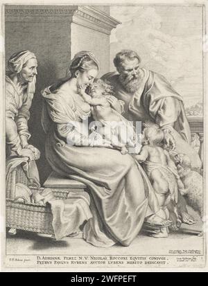 Sainte famille avec Elisabet et Johannes le Baptiste enfant, Lucas Vorsterman (I), d'après Pierre Paul Rubens, 1620 impression papier Anvers gravure Sainte famille avec Jean le Baptiste, Elisabeth présente Banque D'Images