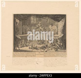 Allégorie au Loterij, William Hogarth, 1721 imprimer texte en anglais dans la marge inférieure. Présentation avec la personnification du crédit national, des dieux qui dépeignent l'emblème de la Loterie nationale, et des vertus et vices qui peuvent être liés au jeu et aux lots. Gravure sur papier / gravure Raffle, Loterie. Chance, Fortune, Lot ; 'Fato', 'Fortuna', 'Aurea fortune', 'bonne chance', 'chance pacifique overo Clemente', 'destin' (Ripa). Crédit. Conflit entre vertus et adjoint, Psychomachie Banque D'Images