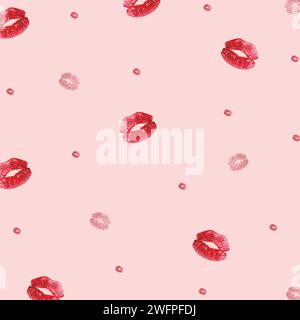 Couple amour baiser, motif sans couture de la Saint-Valentin. motif de baisers. Kiss, Lips Seamless Pattern arrière-plan. Timbres rouges sans couture de baisers de rouge à lèvres. Illustration de Vecteur