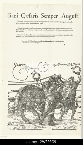 Triumphwagen de l'empereur Maximilien Ier, Hans Guldenmund, d'après Albrecht Dürer, 1609 la grande voiture triomphale en l'honneur de l'empereur Maximilien Ier à sa mort le 12 janvier 1519. Sixième feuille avec les chevaux de quatrième envergure avec acrimonia et virilitas. Imprimeur : Germanypublisher : Amsterdampublisher : Amsterdam chariot d'impression typographique papier, voiture triomphale Banque D'Images