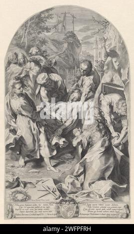 Graflegging van Christ, Giles Sadeler (2), d'après Federico Barocci, 1591 - 1615 imprimer le corps du Christ est porté par trois hommes, dont Joseph d'Arimatée et Nikodemus, à sa tombe ouverte. Derrière eux, Maria pleure avec deux femmes. Devant, une femme aux mains pliées, Maria Magdalena (?). Les outils de torture sont à l'avant gauche. Au loin les trois croisent sur un rocher. Sous la performance un eighthritige, texte latin et au-dessous de la mission, également en latin. Au milieu des armoiries du cardinal Borromeo. Imprimeur : Italiaaprès peinture par : UrbinoVerona gravure sur papier Chris Banque D'Images