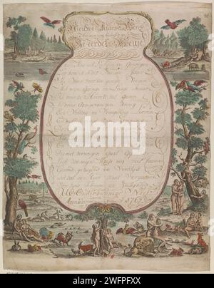 Lettre de souhait avec Adam et Eva dans Paradijs, lettre de souhait imprimée en 1767 avec cartouche décrit dans un cadre décoratif avec des performances par Adam et Eva dans Paradise. Message manuscrit en calligraphie (souhait du nouvel an) de Cornelis van Putten à sa Meur. Numéroté en haut à droite : 48. Numéroté au milieu : 9. Papier néerlandais. Gravure à l'encre / stylo Adam et Eve au paradis (avant la chute) Banque D'Images