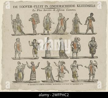 La flûte toover en vêtements partscheid / la flûte sorcière et costumes Differens, 1800 - 1854 print feuille avec 3 rangées horizontales chacune avec six personnages de l'opéra la flûte magique (Die Zauberflöte) dans une rangée. Amsterdampublisher : impression typographique papier Turnhout Opera-Singer (masculin). chanteur d'opéra (féminin). costume de scène Banque D'Images