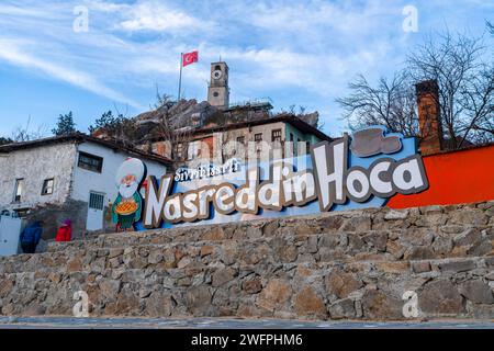 Sivrihisar, Eskisehir, Turquie - décembre 24 2023 : vue de la ville avec le mot Nasrettin Hoca Banque D'Images