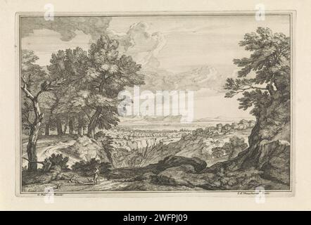 Paysage avec une gorge, Isaac de Moucheron, d'après Gaspard Dughet, 1697 - 1744 imprimer Paysage avec un trou rocheux, une cascade en elle. A droite sur le bord de la gorge un village. A gauche au premier plan deux figures avec des chiens. Imprimeur : Amsterdafter peinture par : Rome gravure sur papier / gravure cascade. pastorales, scènes arcadiennes. ravin, gouffre, abîme, canyon Banque D'Images