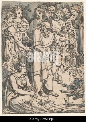 Mozes brise les tables de la Loi (première partie), Andrea Andreani, d'après Francesco Vanni, d'après Domenico Beccafumi, 1590 estampe Moïse tient une tablette de pierre au-dessus de sa tête, prêt à la jeter. Sur la droite le veau d'or qui est honoré par le peuple. A gauche les Israélites qui jettent des bijoux en or dans le feu pour en forger le veau d'or. Imprimeur : Italyafter design by : Siena paper. Pinceau à encre / stylo en voyant les idolâtres Moïse brise les tables de la loi. Les gens apportent leurs boucles d'oreille dorées à Aaron Banque D'Images