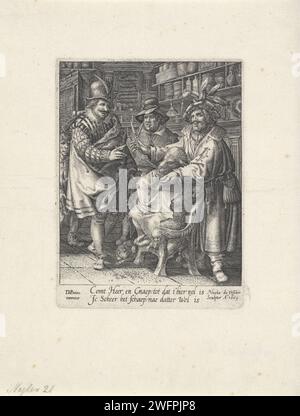 Schaap dans le Kapperswinkel, Claes Jansz. Visscher (II), d'après David VinckBoons, 1605 impression dans un salon de coiffure un mouton est coupé par un coiffeur. Le mouton a un manteau, le coiffeur tient ses ciseaux et parle à un seigneur habillé élégant et à un jeune homme. Au milieu, un homme avec un chapeau faible regarde. Contre le mur une armoire avec des flacons, des brosses à raser et d'autres fournitures de coiffure. Amsterdam papier gravure / gravure barber, salon de coiffure. proverbes, dictons, etc Banque D'Images