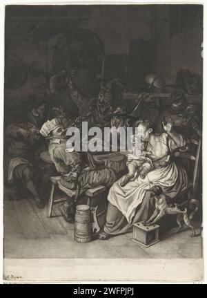 Eings, Cornelis Dusart, 1670 - 1704 imprimer Un joyeux groupe d'Épiphanie célèbre autour d'une table à manger. L'homme avec le chapeau royal frappe un verre de flûte. Des genoux de sa mère, un enfant pisse dans la bouche d'un chien qui se tient sur un ragoût avec les pattes avant. Journal de Haarlem Twelfth Night, tombant généralement à la veille du 6 janvier. chien Banque D'Images