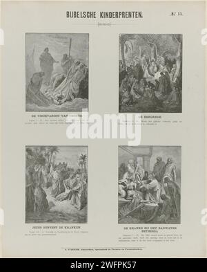 Gravures pour enfants de la Bible, 1869 - 1908 estampe feuille avec 4 représentations d'histoires du Nouveau Testament. La pêche merveilleuse, le Sermon sur la montagne, Christ guérit les malades et la guérison de la Lamme de Bethesda. Un texte biblique sous chaque image. Numéroté en haut à droite : n° 15. Impression typographique papier Amsterdam Nouveau Testament. Le tirant d'eau miraculeux des poissons (avant la Résurrection) sur le lac de Gennesaret (Mer de Galilée) ; Jacques et Jean aidant à apporter les filets (Luc 5:1-11). Sermon du Christ sur la montagne (Matthieu 5-7). Miracles de Christ  guérir les malades. des malades couchés près Banque D'Images