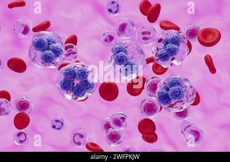 Cellules de lymphome T dans le flux sanguin - vue isométrique illustration 3D. Banque D'Images