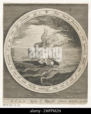 Deuxième jour de la création : Dieu sépare les masses d'eau dans le ciel et la mer, Nicolaes de Bruyn, d'après Maerten de vos, 1581 - 1656 imprimer deuxième jour de la création : Dieu sépare les masses d'eau dans le ciel et la mer. En médaillon avec un texte biblique en latin de Genèse 1, dans un cadre rectangulaire. Pays-Bas gravure sur papier création du firmament et division des eaux au-dessus et au-dessous Banque D'Images