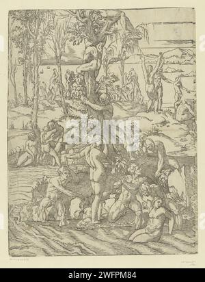 Inondation (moitié gauche), Andrea Andreani (attribué à), d'après Nicolò Boldrini, d'après Titien, 1568 - 1629 imprimer les hommes et les femmes essaient de se mettre en sécurité et d'autres pendant l'inondation. A droite un temple et sur l'eau l'Arche de Noé. Imprimeur : Italieafter print by : Veniceafter design by : Veniceafter papier l'arche flotte sur les eaux, tandis que la vie sur terre est détruite  histoire de Noé Banque D'Images