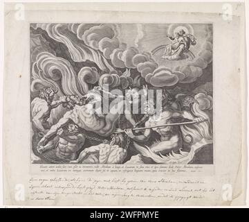 Vision de l'homme riche en enfer, Theodoor Galle (possible), 1581 - 1633 imprimer l'homme riche en enfer. Il est en proie à des flammes infernales, des démons et des démons. Dans une vision, il voit le pauvre Lazare sur les genoux d'Abraham. L'estampe a une inscription latine et fait partie d'une série sur la parabole de l'homme riche et Lazarus Anvers gravure sur papier en enfer Dives voit Lazare au paradis ; généralement Dives pointant vers sa langue Banque D'Images