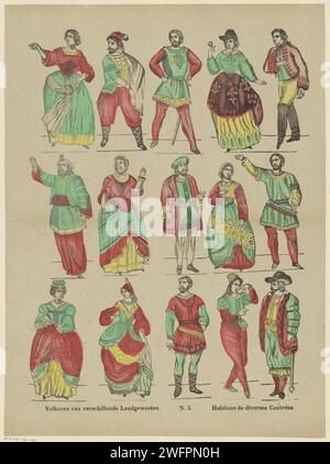 People of different Land regions / habitans de diverses contrées, Franciscus Antonius Beersmans, 1866 - 1902 imprimer feuille avec 15 représentations de personnages de théâtre de l'opéra 'de Stomme van Portici' (la Muette de Portici) de Daniel François Esprit Auber en 1828, sur une rébellion napolitaine contre la domination espagnole, dirigé par le pêcheur Masaniello. Le personnage principal de l'histoire est sourd et elle ne chante pas tout au long de l'opéra. Au lieu de cela, elle danse et communique de manière non verbale. Nummered au milieu : N. 5. Editeur : Turnhoutprint Maker : Europe paper letterpress printing actor (sur t Banque D'Images