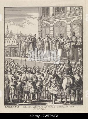 Decapitation of Lady Jane Gray in London, 1554, Jan Luyken, 1698 print Amsterdam paper graving violent Death by Beeting Tower of London Banque D'Images