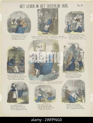 La vie dans la maison parentale, 1874 imprimer feuille avec 9 représentations de scènes de salon, y compris la prière, une grand-mère, la cuisson de biscuits et l'anniversaire de la mère. Un verset sous chaque image. Numéroté en haut à droite : n° 36. Amsterdam papier typographie impression grand-parent(s) avec petit(s) enfant(s) (groupe familial). anniversaire. pain, gâteau, pâtisserie, etc Banque D'Images