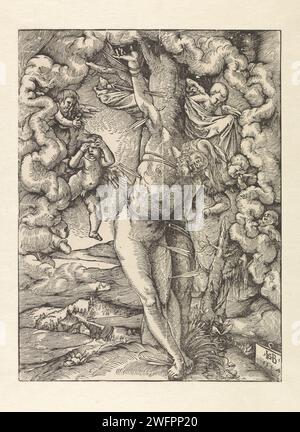 Sebastiaan attaché et avec des flèches dans son corps, Hans Baldung Grien, 1514 print Saint Sebastiaan est attaché à un arbre avec des cordes et il a plusieurs flèches dans son corps. Dans un paysage, il est entouré de petits anges qui viennent à lui. Freiburg papier St. Sébastien succédé par des anges, qui le détachent de l'arbre ou du pilier et retirent les flèches Banque D'Images