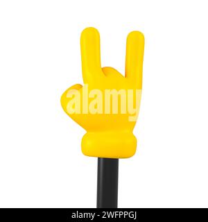 Main emoji jaune et noir montre un geste de chèvre isolé. Symbole de roche , icône et concept de signe de fraîcheur. rendu 3d. Banque D'Images