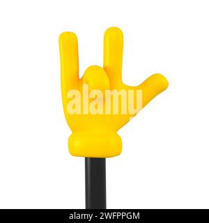 Main emoji jaune et noir montre un geste de chèvre isolé. Symbole de roche , icône et concept de signe. rendu 3d. Banque D'Images