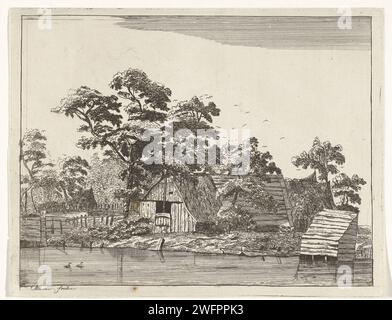 Maisons sur un étang, Anna Maria de Koker, 1640 - 1698 imprimer sur un étang, où deux canards nagent, il y a une maison en bois avec un hangar dans l'eau sur la droite. En arrière-plan, vous pouvez voir un certain nombre de maisons entre les arbres et les oiseaux voler dans les airs. bassin de gravure de papier. cottage. arbres Banque D'Images