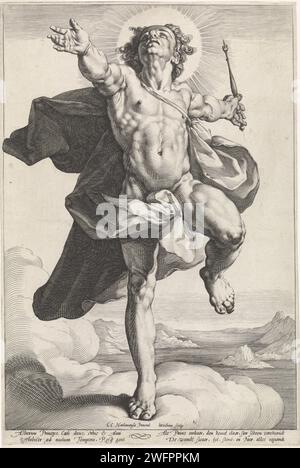 Apollon dans le rôle d'Hélios, Jacob Matham, d'après Cornelis Cornelisz. Van Haarlem, 1589 - 1593 imprimer Apollo comme le Zonnegod Helios (sol). Pendentif de Diane comme la déesse lunaire Luna. Haarlem gravure sur papier Apollon comme dieu-soleil, C'EST-À-DIRE sol (Helius), Titan Banque D'Images