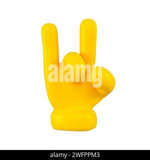Jaune emoji mignon main montre un geste rock isolé. Symbole de fraîcheur , concept d'icône et de signe. rendu 3d. Banque D'Images