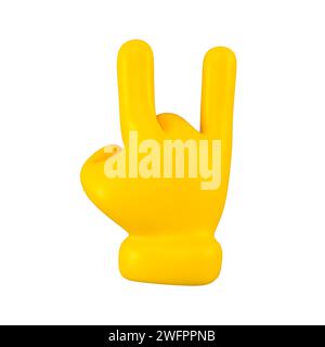 Main emoji jaune montre un geste de chèvre isolé. Symbole de roche , icône et concept de signe de fraîcheur. rendu 3d. Banque D'Images