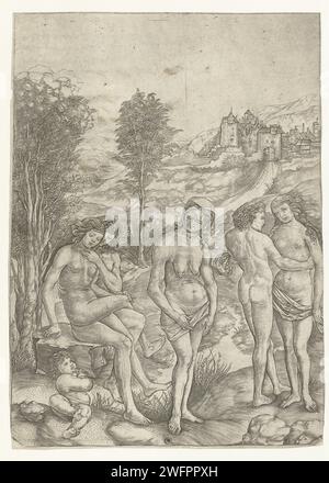 Vieille femme et deux économies d'amour dans le paysage, Christoforo di Michele Robetta, d'après Albrecht Dürer, d'après Andrea Mantegna, 1480 - 1525 imprimer peut-être allégorie sur l'un des sept CHALLS envie dépeint comme une vieille femme qui se détourne de deux jeunes couples d'amour. Italie gravure sur papier vieille femme. couple d'amoureux. Envie ; 'Invidia' (Ripa)  personnification de l'un des sept péchés capitaux Banque D'Images