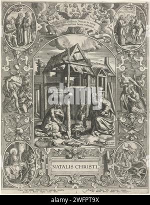 Naissance du Christ : Noël, Johann Sadeler (I), d'après Marcus Gheeraerts (I), 1560 - 1600 print Maria et Joseph agenouillés au Christ à de Kribbe ; derrière eux le boeuf et l'âne, dans une étable au toit battue. Dans la liste d'ornement avec les bergers à gauche, les femmes qui viennent adorer l'enfant. Dans les quatre coins scènes du Nouveau Testament à Ovalen. Au milieu des choeurs d'anges à un fanion sur lequel le texte latin : Vera ... Canunt. Anvers (peut-être) gravure sur papier Marie, Joseph et le nouveau-né Christ (Nativité). Noël (fête ecclésiastique). outils, aides, outils  artisanat a Banque D'Images