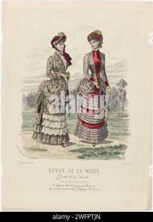 Revue de mode, Family gazette, dimanche 29 avril 1883, 12e année, non 591 : toilettes de M.ME DELANNOY (...), P. DEFERNEVILLE, 1883 deux femmes, en robes Dellannoy, marchant dans un parc. A gauche : Robe pour les promenades et la 'visite' de foulard imprimé beige. Droite : Robe pour les promenades et la 'visite' de changeant à carreaux Tafzijde et velours rouge massif. Légende avec une ligne de texte publicitaire pour différents produits. Tirage du magazine de mode Revue de la mode (1872-1913). Description détaillée des vêtements à la page 131 'planche coloriée'. Assiettes de mode gravure papier Paris. robe, robe : robe de marche (+ wo Banque D'Images