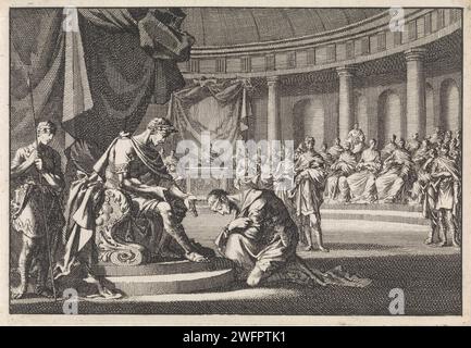 Archelaüs, fils d'Hérode, s'agenouille à Rome pour Keizer Augustus, Jan Luyken, 1704 imprimer Amsterdam papier gravure agenouillé devant une règle Banque D'Images