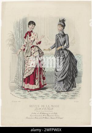 Revue de mode, Family gazette, dimanche 13 janvier 1884, 13e année, non 628 : toilettes de M.Me Delannoy (...), A. Chaillot, 1884 deux femmes dans un intérieur, en robes Delannoy. A gauche : Robe en blanc et rouge avec une jupe en velours rouge ornée de lin blanc côté. ; Grand noeud en velours sur le côté. Corps et 'Tunique' de couleur crème - côté avec motif rouge décoré avec côté lin, tenu sur un côté. A droite : 'toilette' de satin gris -bleu décoré avec des pneus de velours. Jupe en bas décorée de pneus croisés ; sur laquelle un revêtement solide a été drapé. Jabot de satin. Avec quelques lignes d'adverti Banque D'Images