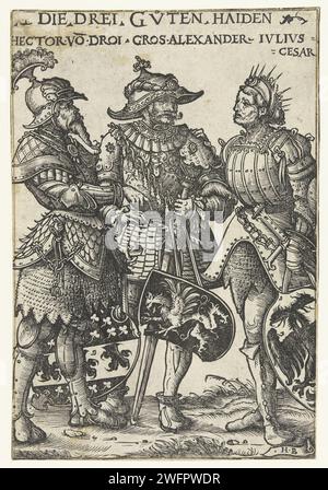 Hector van Troje, Alexandre le Grand et Jules César comme trois héros de l'Antiquité, Hans Burgkmair (I), 1516 - 1519 print Hector Van Troje, Alexandre le Grand et Jules César comme les trois meilleurs seigneurs des temps anciens. Ils portent des armes et des boucliers avec leurs armes. Le texte allemand les décrit comme trois héros des temps anciens. Papier Hector (une des neuf valeurs). Alexander (l'un des neuf worthies). Jules César (une des neuf valeurs) Banque D'Images