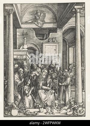 Glorification de Maria, Albrecht Dürer, 1500 - 1504 imprimer Maria est en départ avec l'enfant Christ sur leurs genoux, entouré d'anges et de saints (Joseph, Catharina, Jean Baptiste, Hiéronymus, Antonius, Paul et - bien que pas tout à fait certain - Augustin). Cette estampe fait partie d'une série de 20 estampes, composée d'une estampe-titre et de 19 estampes avec des scènes de la vie de Maria. Nuremberg papier Madonna accompagnée de saint(s). L'apôtre Paul de Tarse ; attributs possibles : livre, parchemin, épée. Le père adoptif du Christ, Joseph de Nazareth, époux de Marie ; attributs possibles : flow Banque D'Images