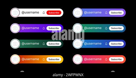 Tiers inférieur pour les médias sociaux. Barre avec un bouton et un titre de texte. Permet d'utiliser les chaînes, les podcasts et la télévision. Pack de modèles de dégradé vectoriel sur un fond noir. Illustration de Vecteur