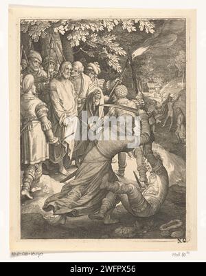 Collection du Christ, Nicolaes de Bruyn, 1618 print le Christ est capturé par des soldats quand Judas le trahit avec un baiser. Au premier plan, Simon Pierre lève son épée pour couper l'oreille de l'esclave du grand prêtre. Pays-Bas papier gravure l'arrestation du Christ  jardin de Gethsémani Banque D'Images