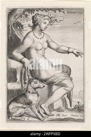 Diana, Jacob Matham (atelier de), d'après Hendrick Goltzius, 1581 - 1631 imprimer la déesse Diana, assise avec un chien dans un cap. Sur sa tête le croissant de lune. Gravure sur papier Haarlem (histoire de) Diana (Artemis). Diana comme la déesse de la lune, c'est-à-dire Luna (Selene) Banque D'Images