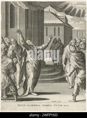 Christ prie Dieu, Johann Sadeler (I), d'après Dirck Barendsz., 1570 - 1600 imprimer Christ à l'extérieur du temple avec une foule autour de lui. Il lève les bras en l'air et demande à Dieu de montrer combien le nom de Dieu est grand. Un faisceau lumineux apparaît dans l'air. Dans le coin supérieur gauche le texte latin 'et Clarificavi & Ierterum Clarificabo' (Jean 12:28 : J'ai montré ma grandeur et je montrerai ma grandeur à nouveau). La troisième impression d'une série de cinq parties avec des scènes de l'histoire de passe qui devraient étayer le message du Christ. Inconnu gravure sur papier Une voix du ciel dit : J'ai déjà apporté gloire à moi Banque D'Images