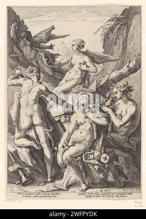 Les cinq sens, Jacob Matham (attribué à), d'après Hendrick Goltzius, 1588 imprimer les cinq sens personnalisés goût (gustus), ouïe (audit), odorat (odeur), visage (vision) et sentiment (tactus). À gauche au premier plan, vu au dos, on entend, on joue sur un instrument à cordes. Toujours au premier plan, au milieu est le goût, à côté d'un panier avec des fruits et un fruit sur sa bouche. Sur la droite est l'odeur, l'odeur des fleurs. En arrière-plan, au milieu est le visage, avec un miroir à main dans sa main. À gauche en arrière-plan, le sentiment est mordu par un serpent. Papier Haarlem gravant les (cinq) sens Banque D'Images