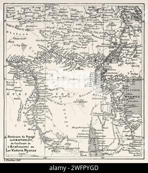 Carte de l'itinéraire de Stanley de la confluence de la rivière Aruwimi au lac Victoria. Afrique. Expédition de secours Emin Pacha 1886-1889 par Henry Morton Stanley (1841 - 1904) gravure ancienne du 19e siècle du Tour du monde 1890 Banque D'Images