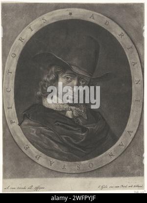 Portrait d'Adriaen van Ostade, Jacob Gole, d'après Adriaen van Ostade, 1670 - 1724 estampe le peintre Adriaen van Ostade. Il a son chapeau en diagonale sur la tête. Amsterdam papier gravure portrait, autoportrait de l'artiste Banque D'Images